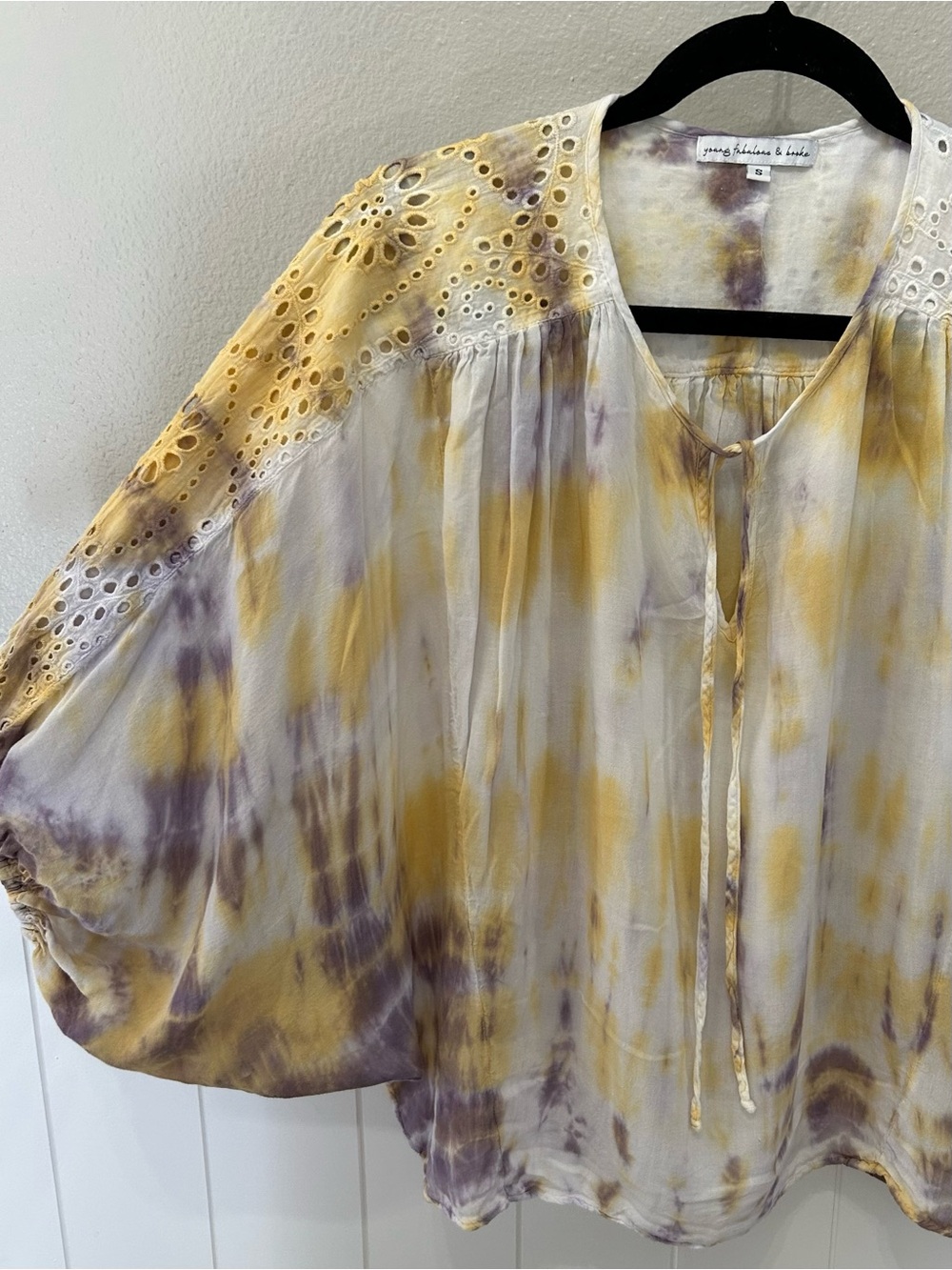 Young Fabulous And Broke Yellow Purple Tie Dye Blouson Blousy Eyelet Poet Blouse